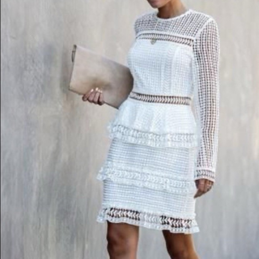 ENDLESS ROSE Sz M Begin Again Crochet Lace Tiered Mini Dress White Cottagecore